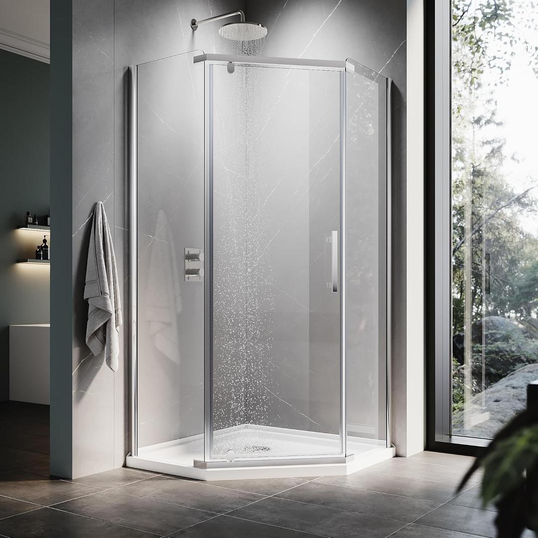 ELEGANT Neo-Angle Frameless Shower Door 36.5 in. W x 72 in. H, Corner Shower Enclosure with 1/4" Clear Glass, Pivot Shower Doors in Chrome Finish, Shower Base Not Included