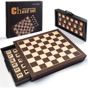 12.5" x 12.5" Wooden Chess Set with 2 Built-in Storage Drawers - 2 Bonus Extra Queens - Gift Packaging - Staunton Chess Pieces, Board Games Chess Sets for Adults and Kids, Beginner Home Decor