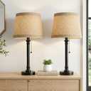 Oneach 19.5 Table Lamps Set of 2, Pull Chain Switch Bedside Table Lamps, Farmhouse Nightstand Lamp with Unique Natural Shade, Small Lamp for Living Room, Bedroom, Home Office, Nursery (Dark Browm-2Pack)