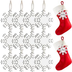 12 Pcs Name Tags for Christmas Stockings, Personalized Wooden Stocking Labels Gift Tags, Rustic Hanging Ornament Stocking Name Tags with White Snowflake Designs for Christmas Tree Decorations (Snow)