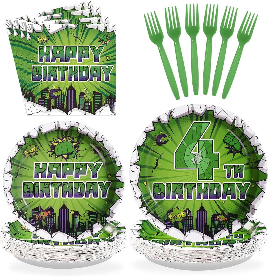 96Pcs Green Hero 4th Birthday Party Supplies Super Green Hero 4th Birthday Plates and Napkins Cityscape Super Bang Cartoon Movie Tableware Set for Kid 4 Year Old Party SuppliesServes 24