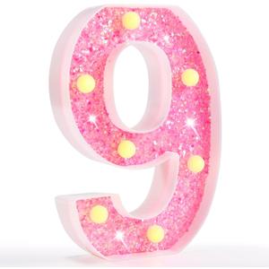 Pooqla Marquee Numbers Lights, Light Up Pink Numbers, Glitter Number Night Light Battery Powered Birthday Gift for Boys Girls Christmas Wedding Home Bar Party Decoration, Pink 9