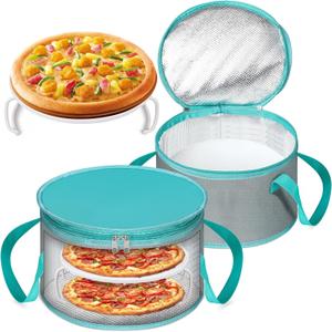 Yaomiao 2 Sets Round Pie Carrier 11 x 7 Inch with Dish Tray Plate Stacker Insulated Casserole Carrier with Lid and Handle Reusable Cooler Thermal Bags for Cold Food for Potluck Picnic (Gray and Teal)