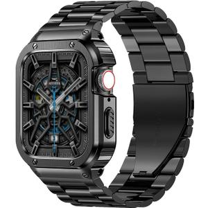 MioHHR Stainless Steel Band and Case Compatible with Apple Watch Band 45mm, Men Metal Protective Bumper Cover for iWatch Series 9/8/7, Black