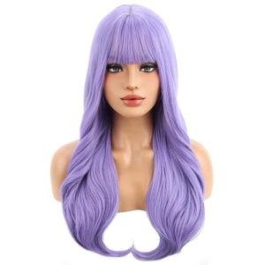 BERON Women Light Purple Long Curly Wig with Bangs Girls Wavy Purple Heat Resistant Synthetic Wigs Cosplay Costume Daily Party Wig