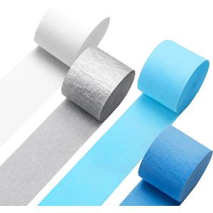 5 x Blue Crepe Paper Streamers 4 Rolls 328ft, Silver White Crepe Paper for Birthday Party Decorations, Wedding Anniversary Engagement Baby Shower Decors DIY Supply for Flower Making (1.8 in x 82 Ft/Roll)