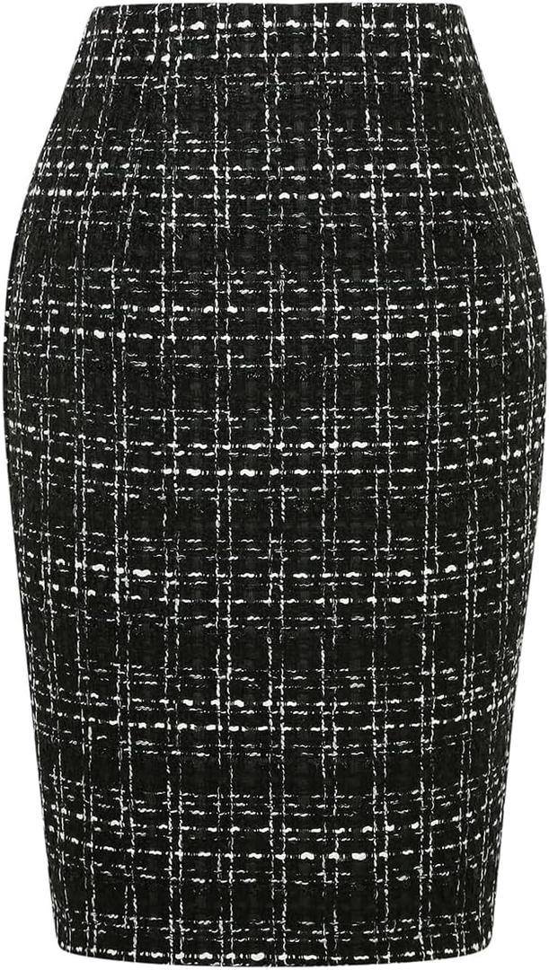 IDEALSANXUN Plaid Skirts for Women Fall Winter Knee Length Pencil Wool Skirt with Slit (Medium, Tweed Black)