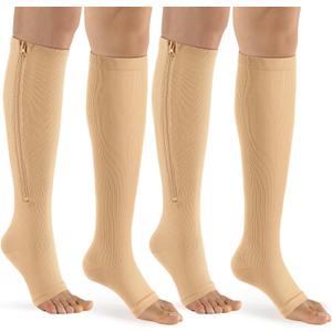bropite Zipper Compression Socks Women & Men - 2Pairs Calf Knee High 15-20mmHg Open Toe Compression Stocking suit for Walking, Large-x-large, B- Nude