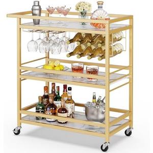 Leteuke Bar Cart for Home, 3 Tier Gold Serving Rolling Carts with Wheels, Drink Cart, Liquor Stand with Marbled Wooden Shelves, Wine Rack and Glass Holder for Kitchen, Dining Room, Gold