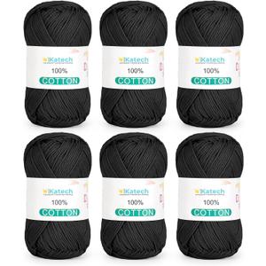 Katech Pure Cotton Yarn for Crocheting & KnittingSoft Sport Weight CYC #2, 6 Skeins (50g Each, 300g Total), Ideal Crochet Yarn for Dishcloths, Baby Clothes, Socks, Lightweight ScarvesBlack