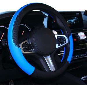 SHIAWASENA Car Steering Wheel Cover, Leather, Universal 15 Inch Fit, Anti-Slip & Odor-Free (Black&Blue)