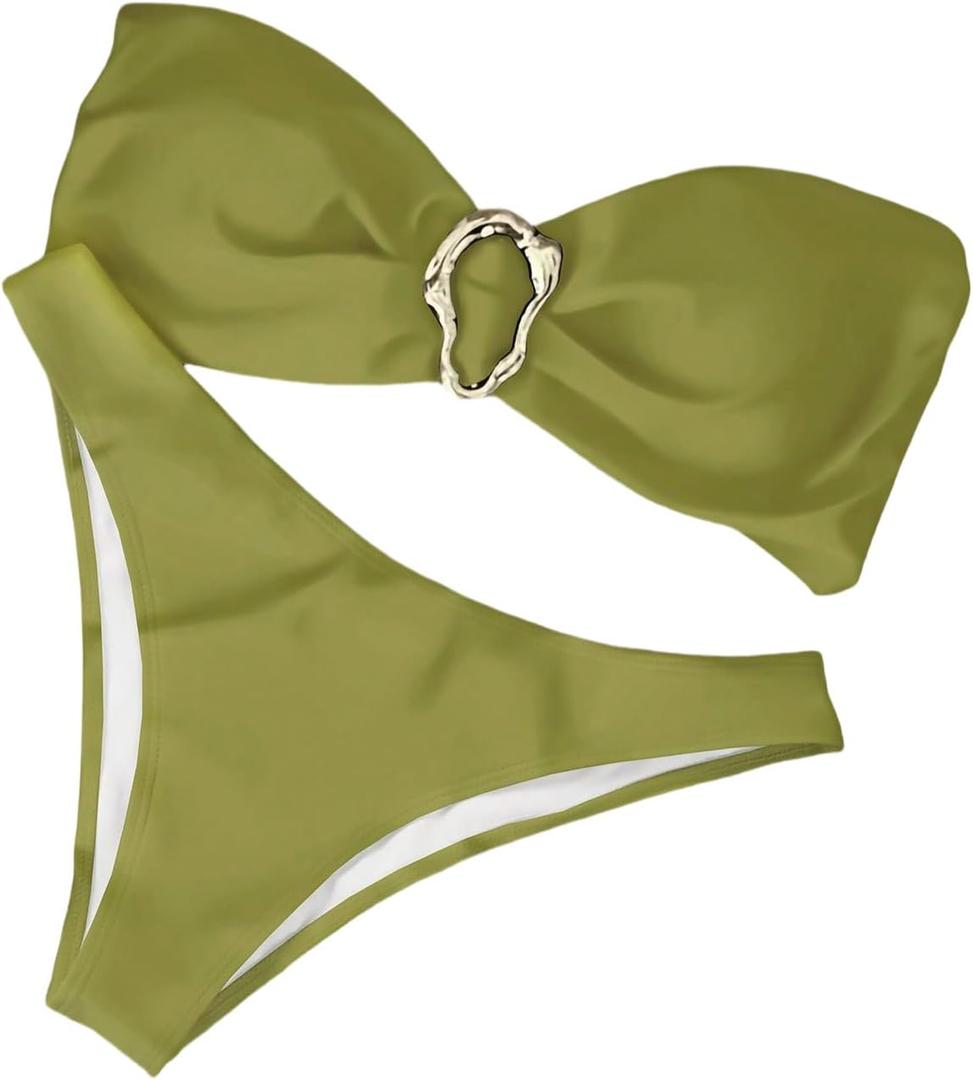 QJQ Women's Bandeau Swimsuits Strapless Tie Back Bikini Sets High Cut Cheeky 2 Piece Bathing Suit Swimwear (Green, M)
