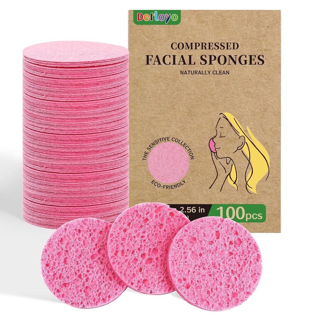 100-Count Compressed Facial Sponges, Natural Cellulose Face Sponges for Cleansing, Exfoliating, Washing face, Makeup Removal, and Spa Use - Travel Skincare Essentials for women (Pink)