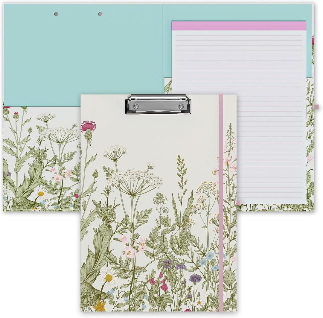 Clipboard Folio with Refillable Lined Notepad, Low Profile Clip and Interior Storage Pocket, Cute Clipboard Folder Design for Students, Office, School, Nurse, A4 Foldable Clipfolio(Garden Flowers)