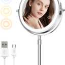 MILPROX 8 Inch Makeup Mirror with 10X Magnification & 3 Color Lights, Adjustable Brightness & Height, Rechargeable Double Sided 1X 10X Magnifying Mirror, Lighted Makeup Mirror Touch Sensor - Silver