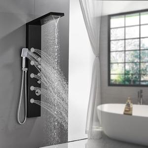 ROVATE Rainfall Waterfall Shower Panel Tower System, 304 Stainless Steel Bathroom Shower-Tower with 5 Rain Body Massage Jets and 3 Sets Handheld, Shower Column Wall Mounted Black
