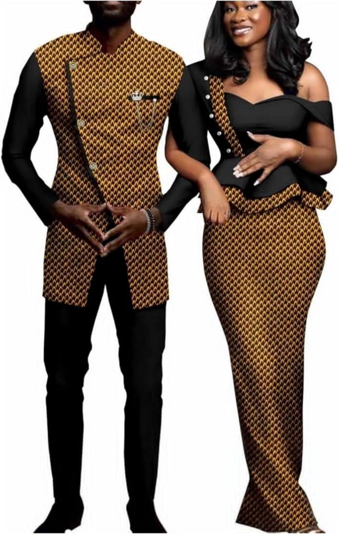 SkyWish African Print Dresses for Women Couple Outfits Clothes Sets Party Wear, 747 XL Women