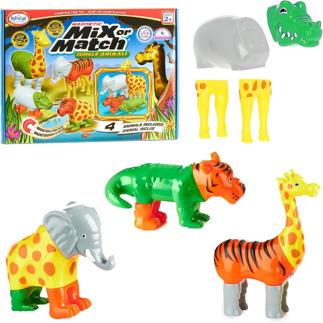 POPULAR PLAYTHINGS Magnetic Animals for Toddlers 1-3, Mix or Match Animal Toys, Set of 4 Gift for Kids - Jungle Animals