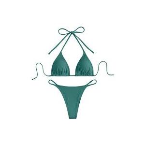 SWIMLANCE Women Triangle Halter Thong Bikini Set Ruffle Sexy String Two Piece Swimsuit Bathing Swimwear, Small