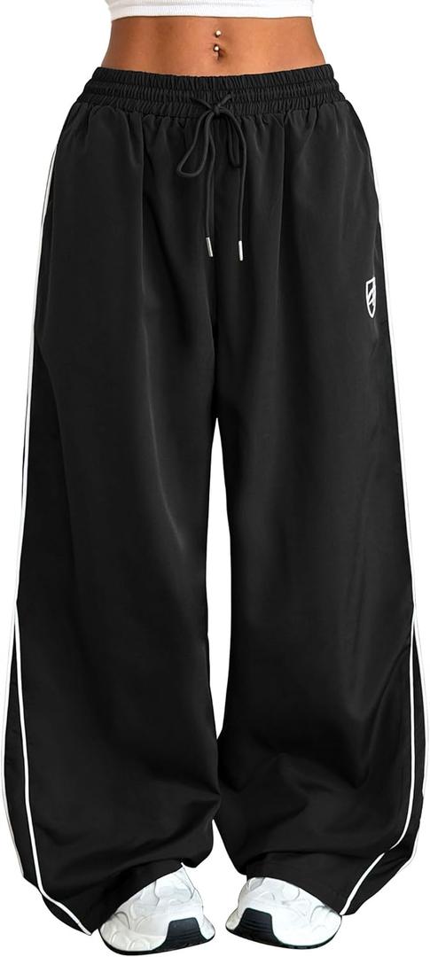 ZAFUL Womens Parachute Pants Y2k Baggy Elasitc Waist Track Pants Contrast Pipping Sweatpant Trousers (X-Large, 1-black)