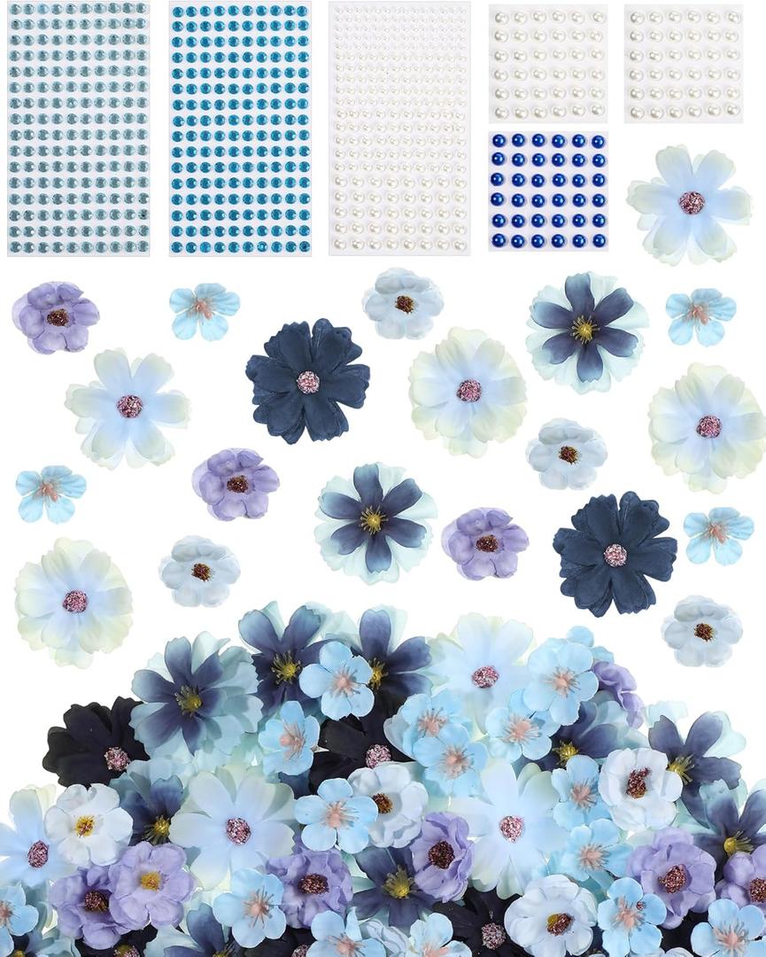 Giegxin 166 Pcs Fake Flowers for Crafts 160 Mini Faux Flower Heads with 6 Pearl Rhinestone Stickers Artificial Fabric Daisy Peony Floral Decor for Craft Garland Wedding Home Decorations(Blue Series)