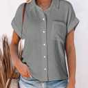 Astylish Women Summer Tops Cotton Short Sleeve Shirt V Neck Button Down Blouse Tunic Tops (Gray, L)