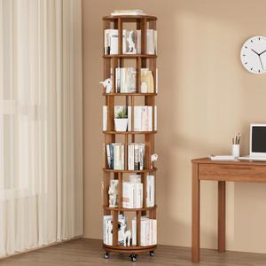 Rotating Bookshelf Towers Solid Wood Revolving Bookcase 6 Tier Tall Spinning Book Rack on Wheels Vertical Corner Book Organizer for Small Apartments, Bedrooms, Living Rooms, Reading Nooks, Hallways