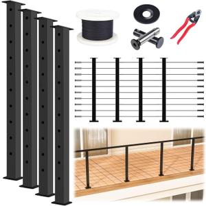 Muzata 15-20FT Modular Black Cable Railing Kit 36 Inch 4 Level Post Kit Complete Set Cable Railing System for Decks Length Adjustable Easy DIY with Paper User Guide (No Handrail) RWS2 BH4S