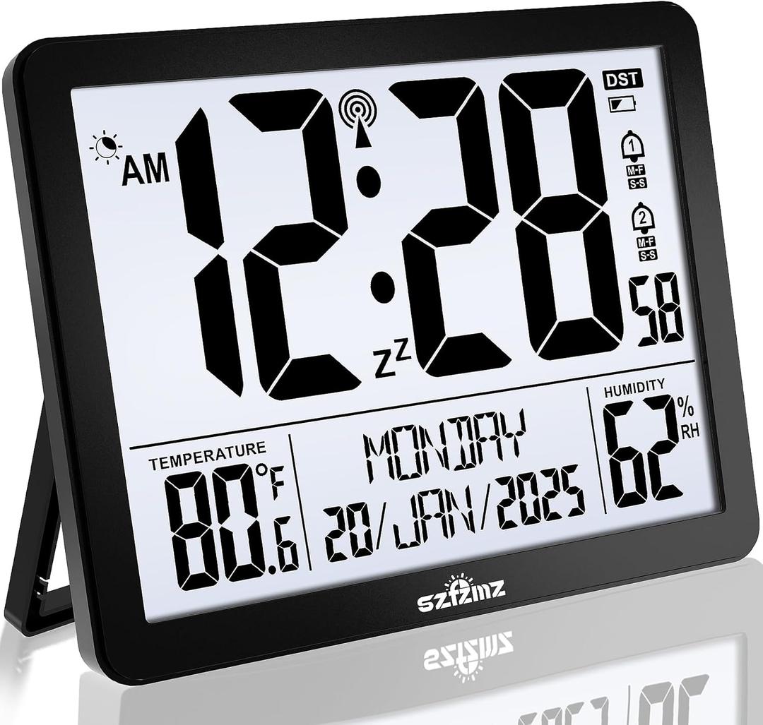 Atomic Digital Wall Clock Battery Operated with Backlight, Desk Clocks with Indoor Temperature & Humidity, 8.5" Small Alarm Clock with Date and Day of Week for Bedrooms, Living Room, Auto DST, Black