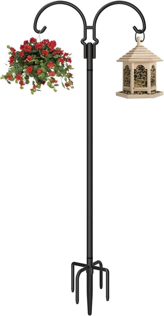 Outdoor Double Shepherds Hook with 5 Prong Base, 60 Inch Adjustable Heavy Duty Two Sided Bird Feeder Pole Stand for Hanging Plant Baskets, Solar Light Lanterns, Hummingbird Feeder, 1 Pack