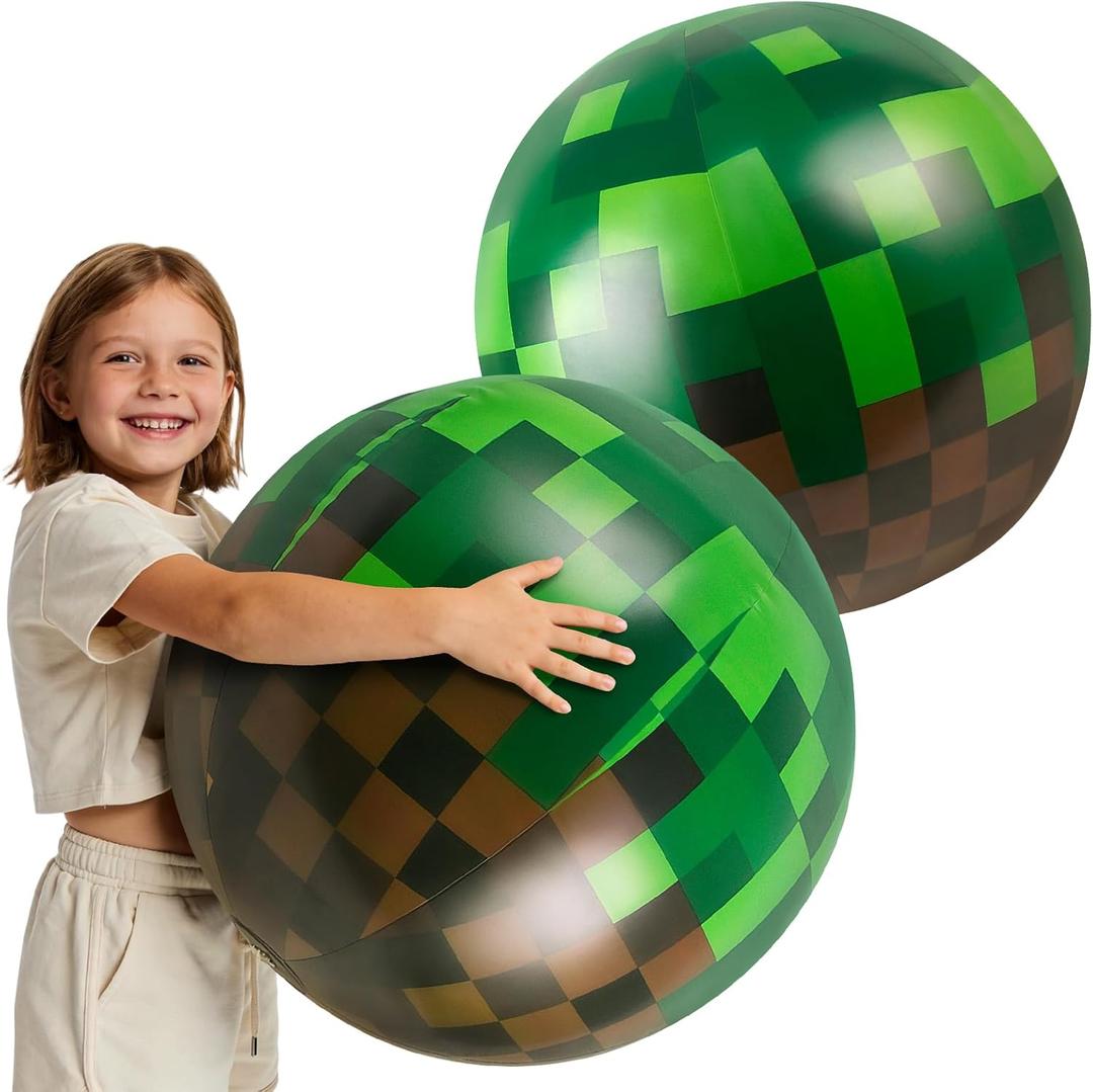2 Pack 20-Inch Diameter Pixel Themed Beach Balls - Large Green and Brown Pixel Inflatable Beach Balls for Birthday Party Decorations, Summer Pool and Beach Game, and Bulk Party Favors