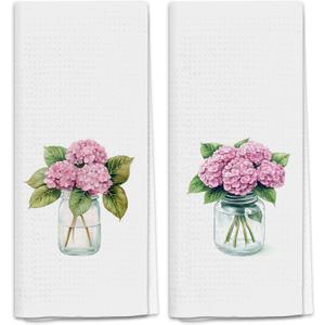 Elegant Pink Hydrangea Kitchen Towels, Rustic Hydrangea Floral Dish Tea Towels for Kitchen Decor, Cottagecore Flower Botanical Decorative Hand Towel for Bathroom, 16x24 Inch Set of 2