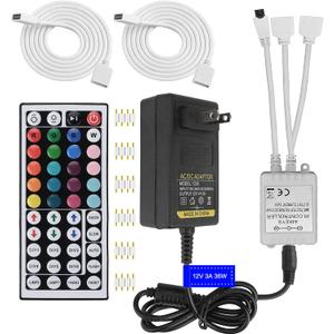 2-Port 44 Key IR LED Light Remote,RGB Control Box+ DC 12V 3A LED Power Supply Led Light Adapter+ 2 Pack 3.3FT Extension Cable for 5050 2835 RGB LED Strip Lights(Incompatible 24V LED Strip Light)