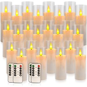 24 Pcs Acrylic LED Flameless Candles with 4 Remote,White,Flickering, Clear, Suitable for Wedding, Party, Home Decoration & Outdoor.