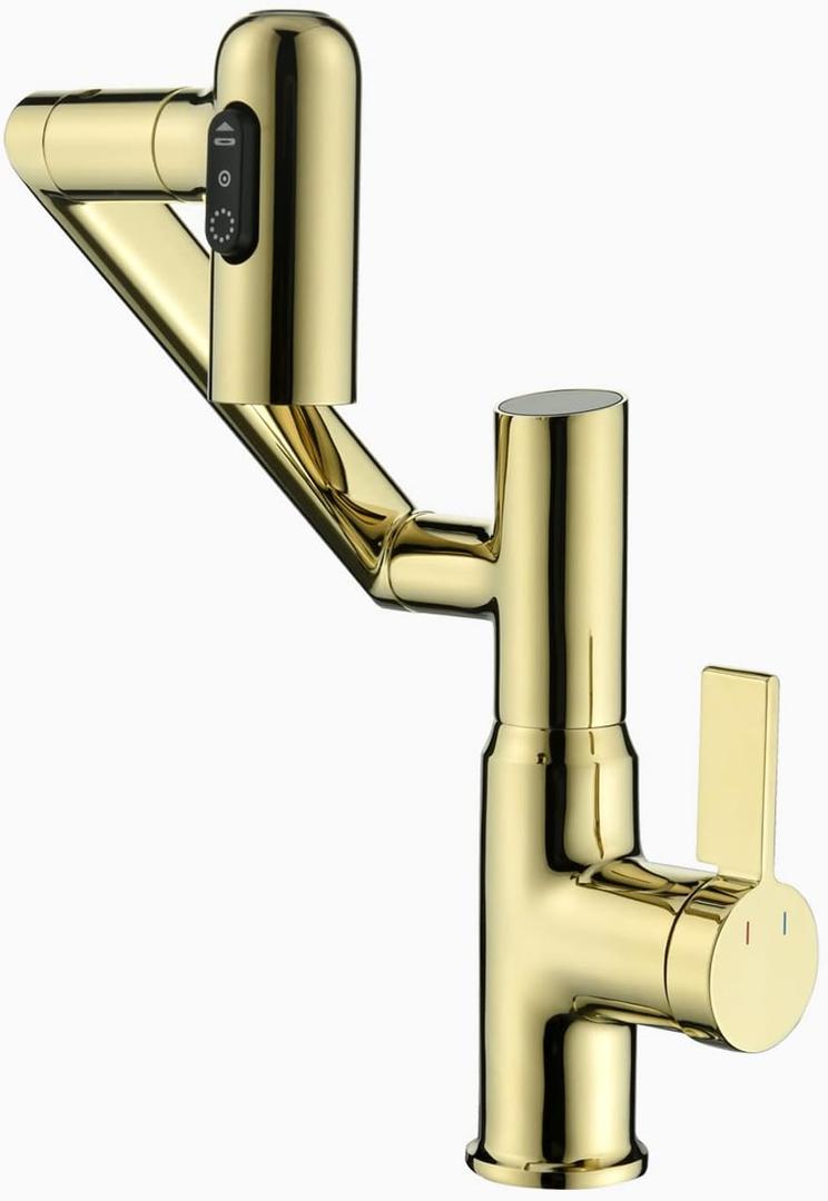 Lefton Rotatable Bathroom Faucet with Temperature Display in Fahrenheit (Batteries-Free), 3 Water Outlet Modes, Polished Gold, BF2204-5
