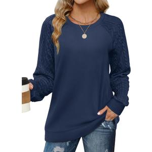 Saloogoe Sweatshirts for Women Crewneck Cable Knit Sleeve Sweaters Lightweight Fashion 2024 (Large, J-navy Blue)