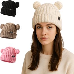 Adult Knit Beanie, Winter Bear Ears Warm Knitted Fleece Lined Woollen Ski Pompom Hat (Medium-Large, White)