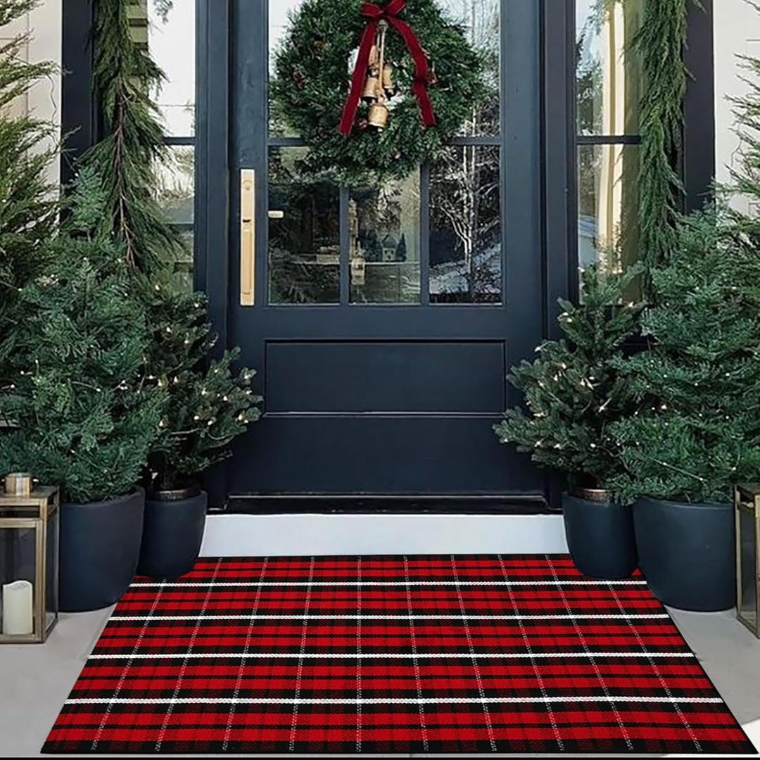 Buffalo Plaid Outdoor Rug Christmas Door Mat Christmas Decor Welcome Rug Cotton Hand-Woven Layered Door Mats for Front Porch, Kitchen, Farmhouse, Entryway (27.5"x43", Red/Black/White)