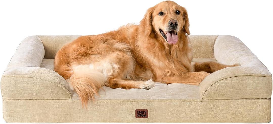EHEYCIGA Orthopedic Dog Beds for Large Dogs, Waterproof Memory Foam Large Dog Bed with Sides, Non-Slip Bottom and Egg-Crate Foam Pet Couch Bed with Washable Removable Cover, Greige,  41.0"l X 27.0"w X 6.5"th