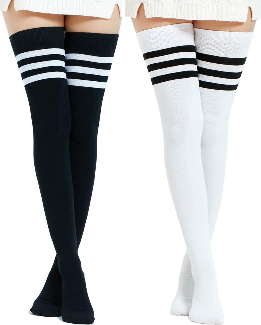 Kayhoma Extra Long Cotton Stripe Thigh High Socks Over the Knee High Plus Size Stockings, Medium, Black/White