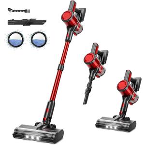 BSNAW Cordless Vacuum Cleaner for Home - Lightweight, Stick Vacuum Clean with Rechargeable Battery, Max 45Mins Runtime, 8 in 1 Handheld Vacuum for Hardfloor & Carpets Pet Hair, Red&Black