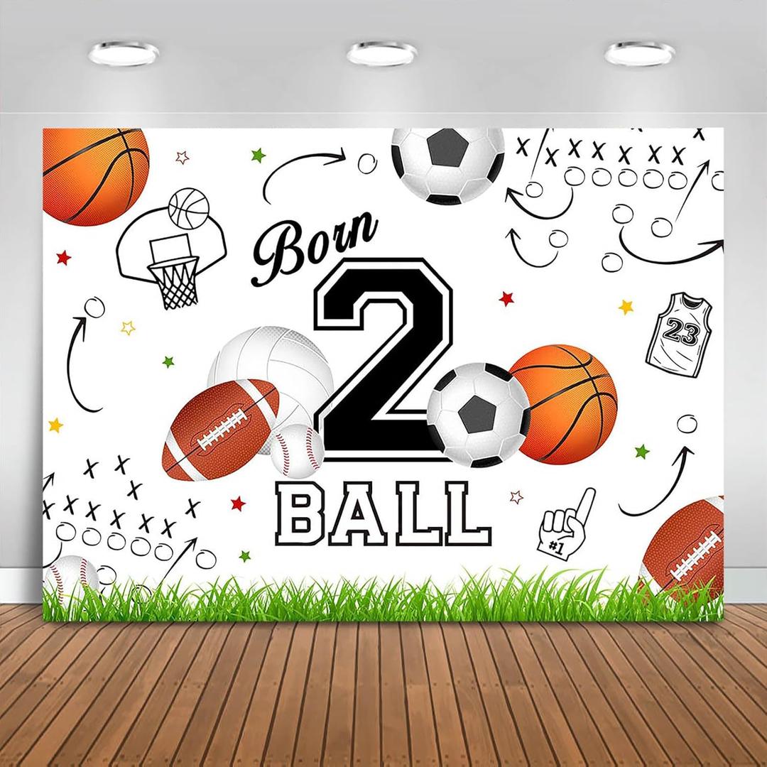 Born Two Ball Backdrop 7x5ft Sports Theme 2nd Birthday Party Decorations Background for Boys Football Basketball Baseball Born 2 Ball Banner Photo Booth Props