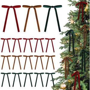 Cooper,Dark Green 24 Pcs Velvet Bows Christmas Tree Ornaments Valentines Day Bows Decoration for Garland Home Coquette Wedding Decor (5 x 7 Inch,Width of 3/8",Dark Red)