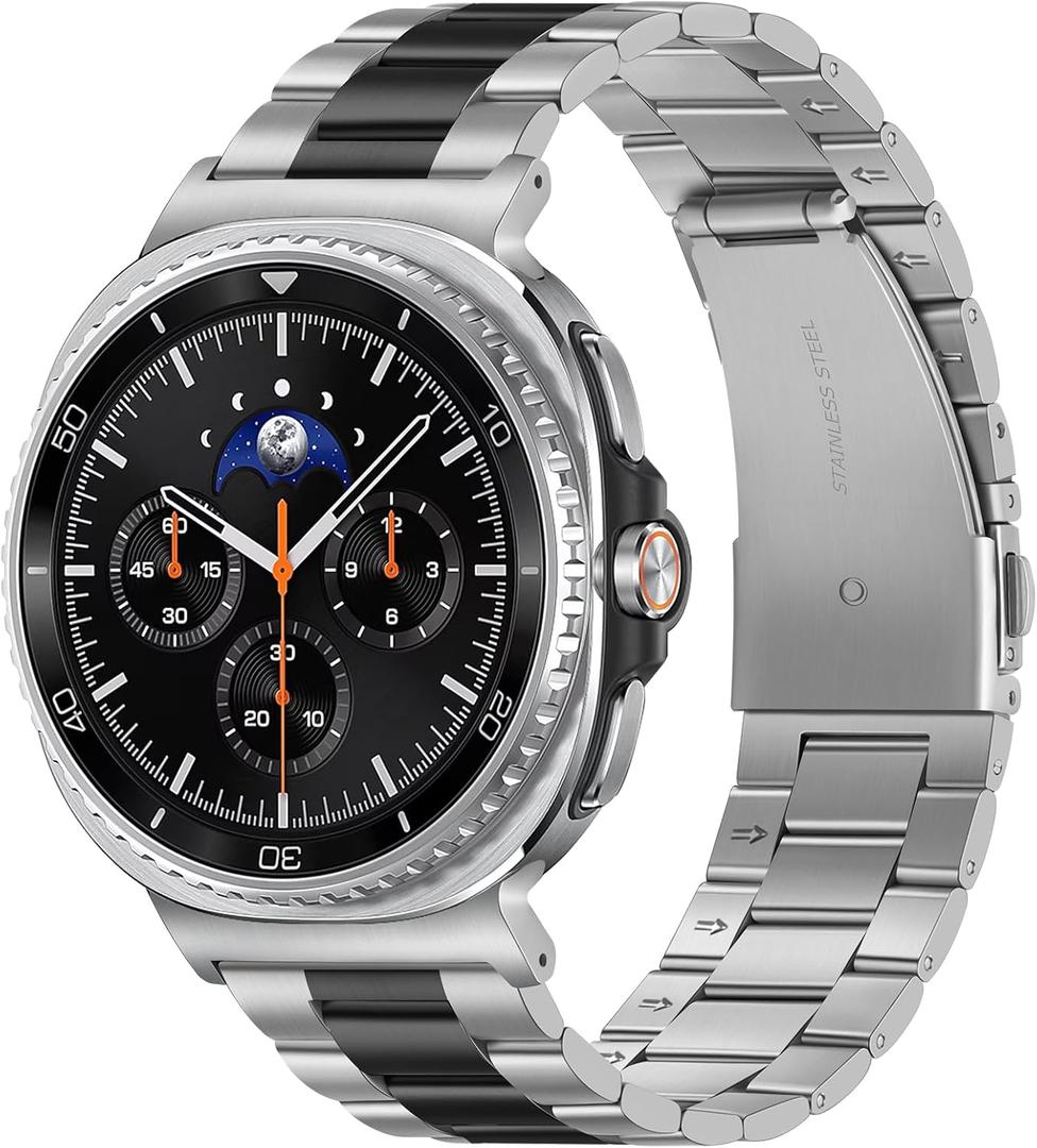 Metal Bands Compatible with Samsung Galaxy Watch 8 Band 44mm 40mm/Galaxy Watch 8 Classic 46mm, No Gap Stainless Steel Strap for Women and Men, Silver-Black