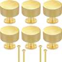 HANFUGA 6 Pack Brushed Brass Cabinet Knobs, 1.1" (28mm) Round Gold Drawer Pulls Modern Handles for Kitchen Cabinet, Bathroom Dressers
