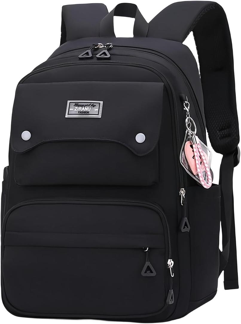 Black Kids Backpack for Girls, Middle School Bag Teen Girls Backpack Multi-Pocket Bookbags