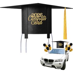 2026 Graduation Cap Car Decoration Kit 20 Inch Giant Graduate Hat with Balloons Cutouts Felt Congrats Grad Hat for Class of 2026 Graduation Party Favor Decor(Black)