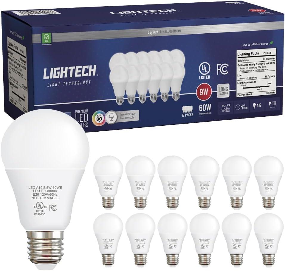 A19 LED Light Bulbs, 12 Pack, 60W Equivalent, 9W Daylight 5000K LED Light Bulb, 810 LM, Bedroom, Living Room, Office, Garage, Daylight LED Light Bulbs, Light Bulbs, Non-Dimmable, E26, UL Listed