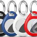 RFUNGUANGO Compatible AirTag Holder Air Tag Keychain Protective Case - 4 Pack Air Tag Protective Case with Metal Keychain for Kids, Pets, Luggage, Backpacks, Keys, Black,Blue,White,Red