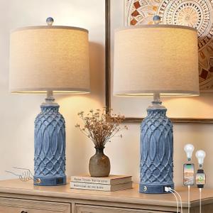 Woven Resin Table Lamps Set of 2, Farmhouse Table Lamps with USB Ports, Touch Button Switch Beside Lamps, Resin Desk Lamp, Linen Shade, Nightstand Lamp for Living Room Bedroom Decor (2 Bulbs Included)